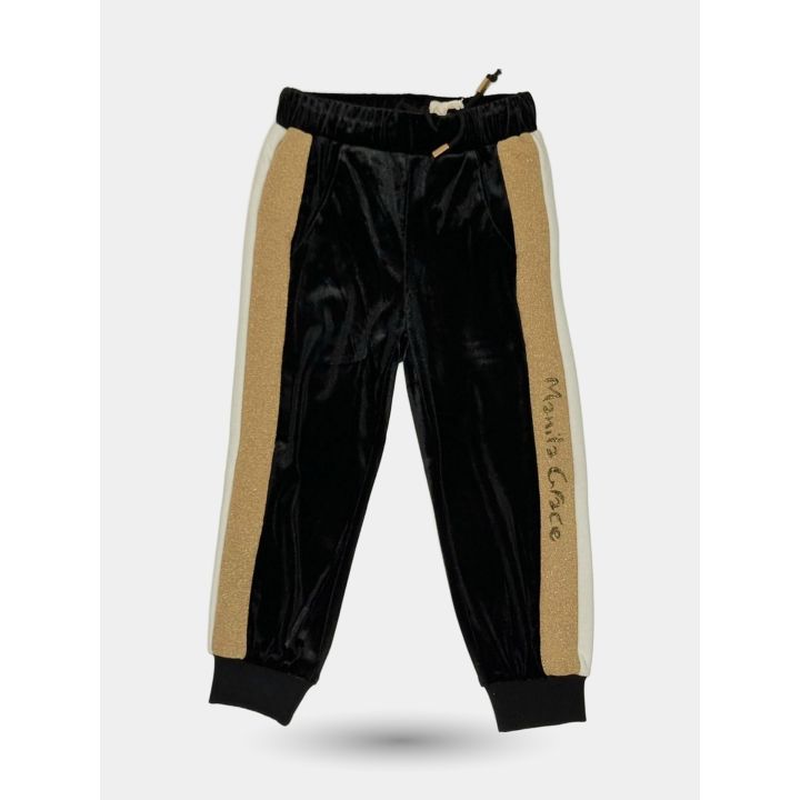 Pantaloni tuta Manila Grace neri con bande oro glitter, davanti
