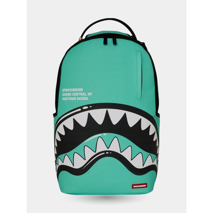 Zaino Sprayground verde acqua Shark Central vista frontale con bocca di squalo