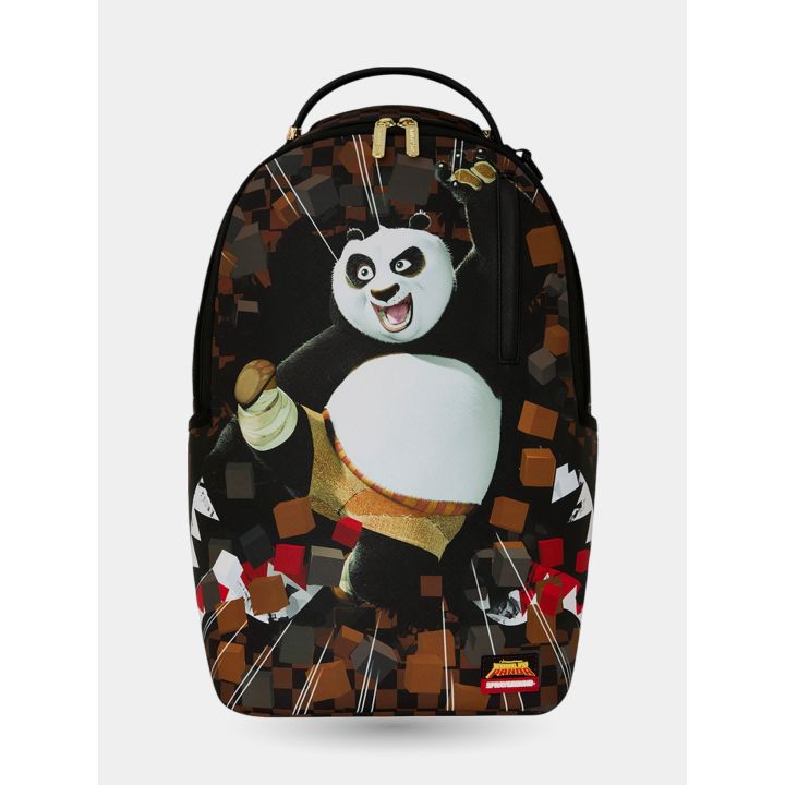 Zaino Sprayground Kung Fu Panda vista frontale con Po e scacchi marroni