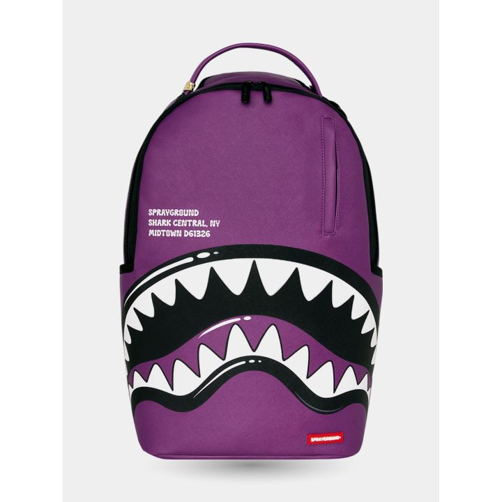 Zaino Sprayground viola Shark Central vista frontale con bocca di squalo