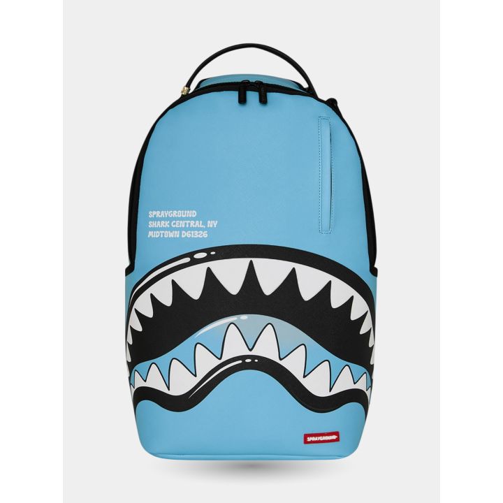 Zaino Sprayground blu Shark Central vista frontale con bocca di squalo