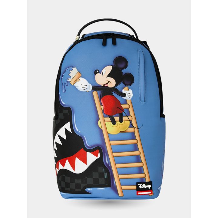 Zaino Sprayground Disney vista frontale con Topolino sulla scala che dipinge