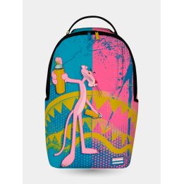 Zaino Sprayground Pantera Rosa vista frontale con bomboletta e squalo giallo