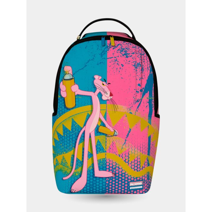 Zaino Sprayground Pantera Rosa vista frontale con bomboletta e squalo giallo