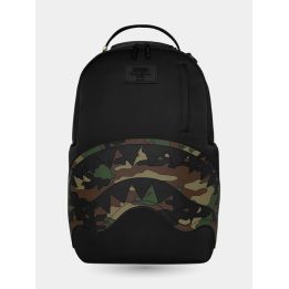 Zaino Sprayground nero vista frontale con bocca di squalo camouflage