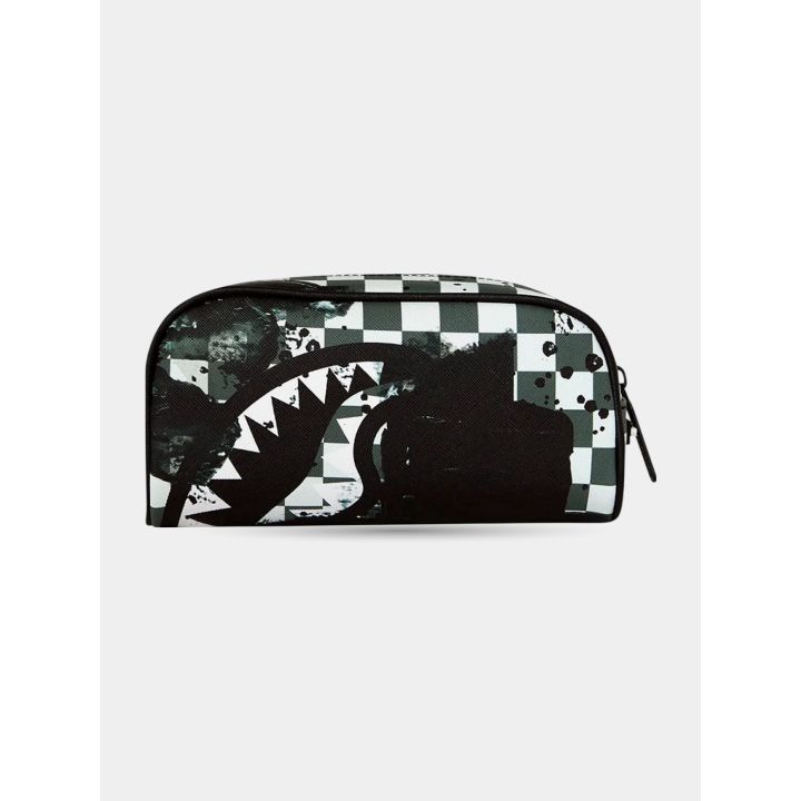 Astuccio Sprayground Painted Over Check vista frontale con squalo