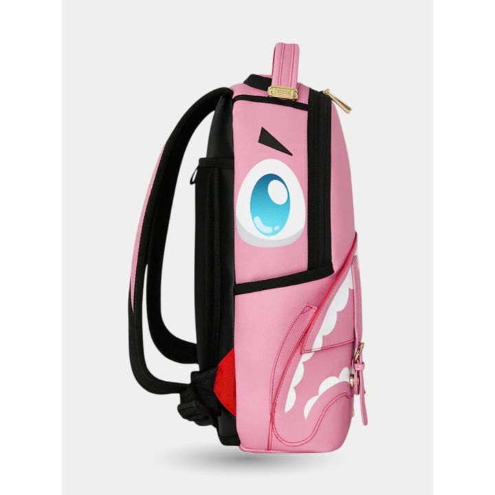 Fianco dello zainetto rosa con il grande occhio azzurro