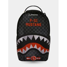 Zaino Sprayground P-51 Mustang vista frontale con bocca di squalo argento