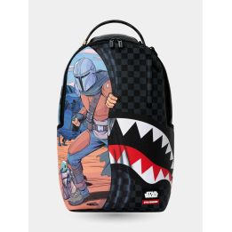 Zaino Sprayground Star Wars vista frontale con il Mandaloriano, Grogu e lo squalo