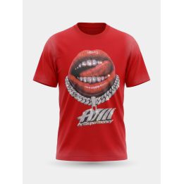 T-shirt Art Supermoney rossa vista frontale con bocca e grillz in cristalli