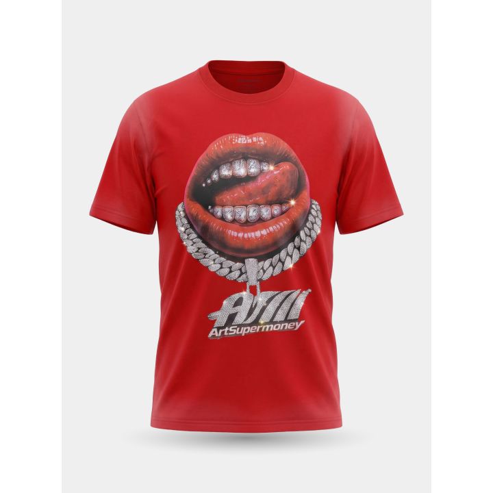 T-shirt Art Supermoney rossa vista frontale con bocca e grillz in cristalli