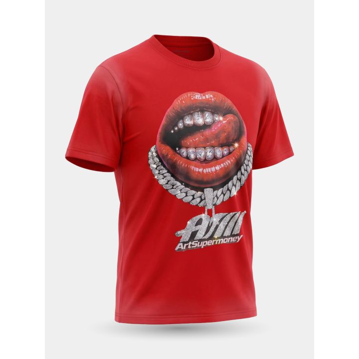 T-shirt rossa di tre quarti con catena in strass e logo Art Supermoney