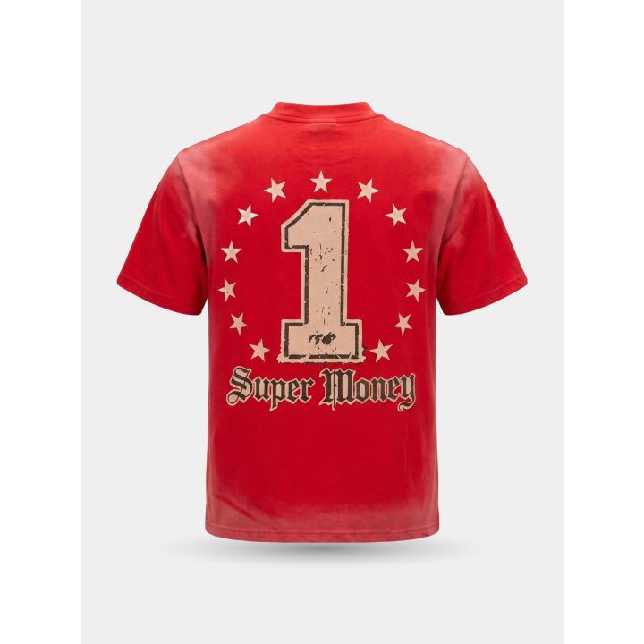 Retro della t-shirt rossa con numero 1, corona di stelle e Super Money