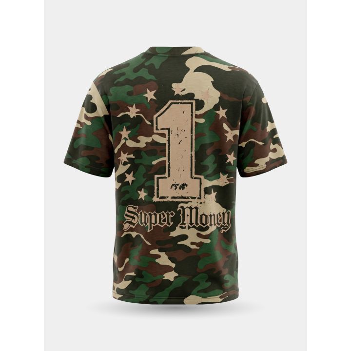 Retro della t-shirt camouflage con numero 1 sabbia e scritta Super Money