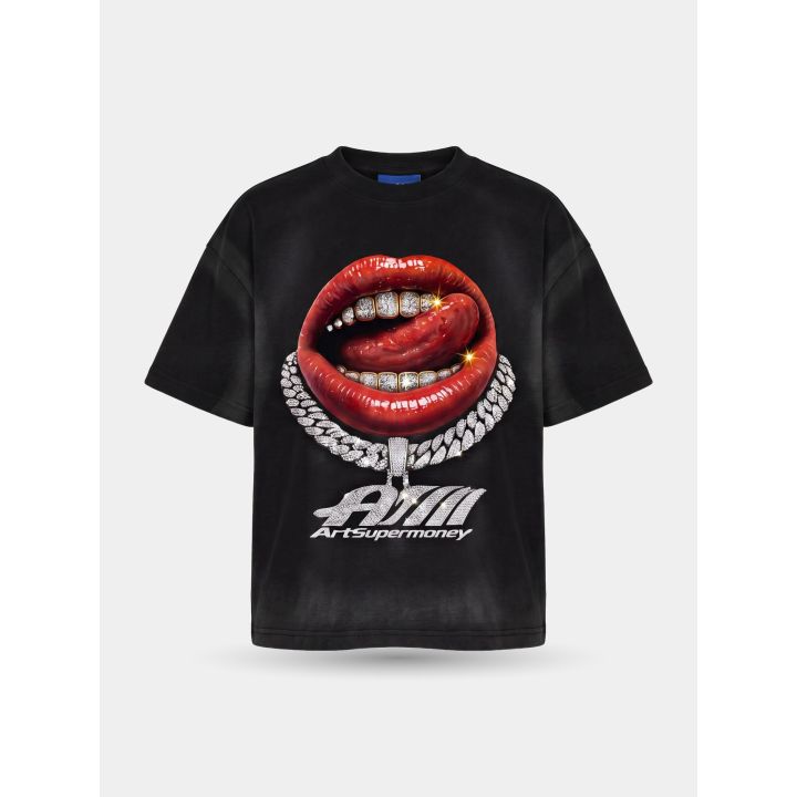 T-shirt Art Supermoney nera vista frontale con bocca rossa e grillz in cristalli