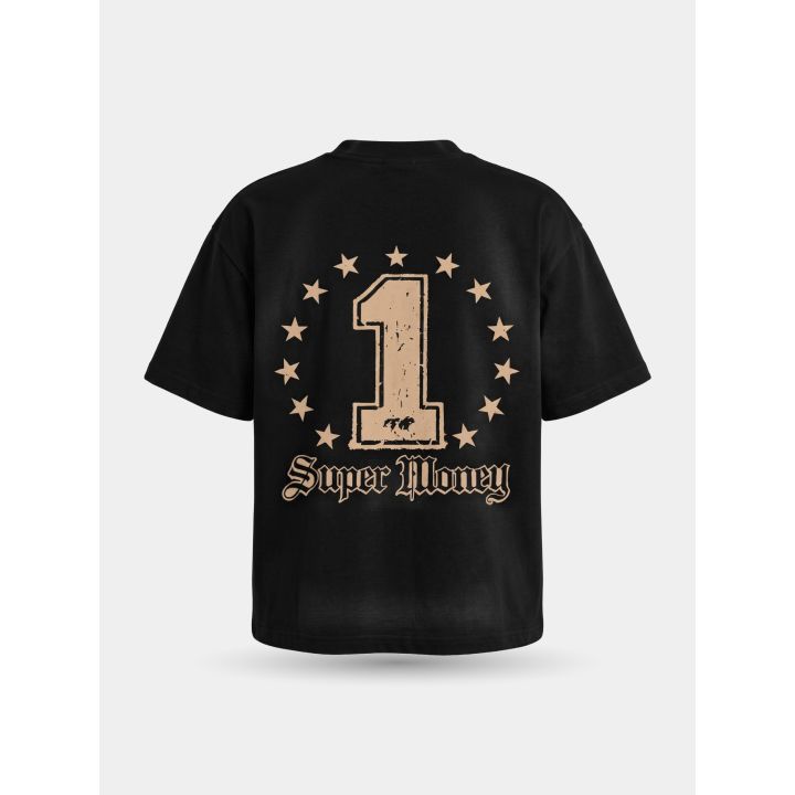 Retro della t-shirt nera con numero 1 beige, stelle e scritta Super Money
