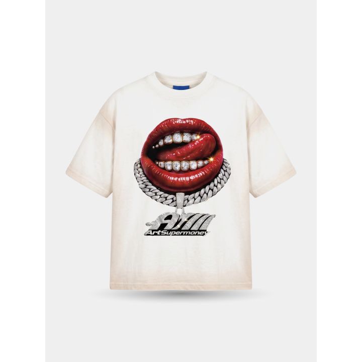 T-shirt Art Supermoney bianca vista frontale con bocca rossa e grillz