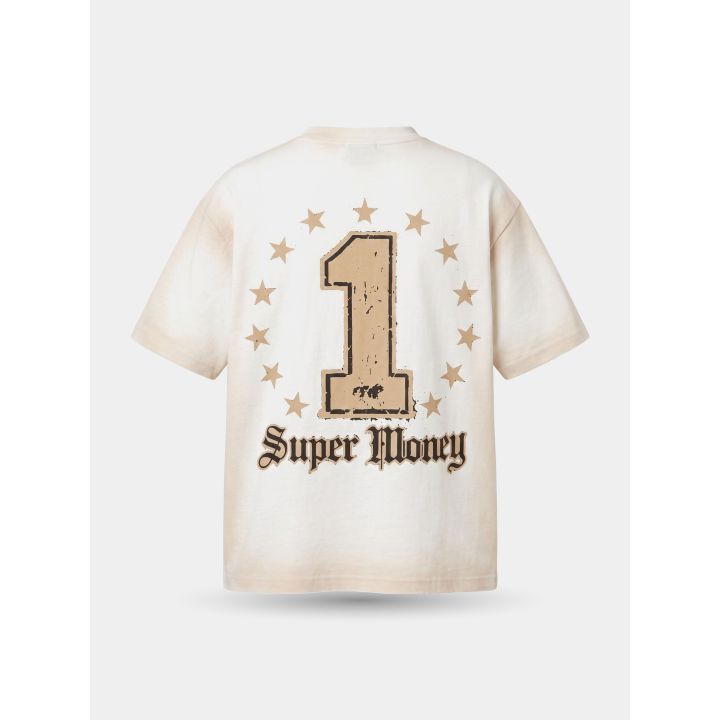 Retro della t-shirt bianca con numero 1 beige e scritta Super Money gotica