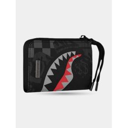 Portafoglio Sprayground grigio 4AM vista frontale con squalo rosso