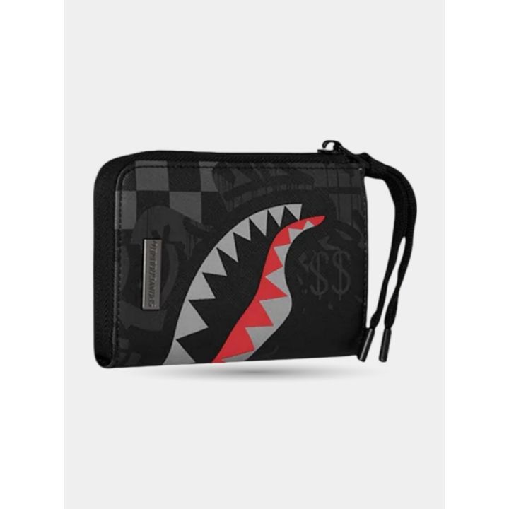 Portafoglio Sprayground grigio 4AM vista frontale con squalo rosso