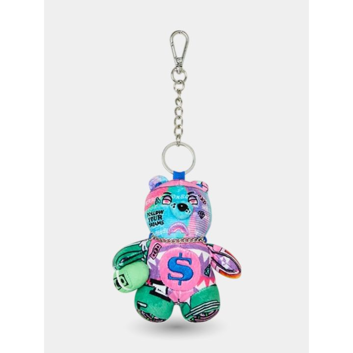 Portachiavi Sprayground orsetto Y2K rosa e azzurro con dollaro sulla pancia