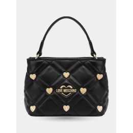 Borsa a mano Love Moschino nera vista frontale con borchie a cuore dorate