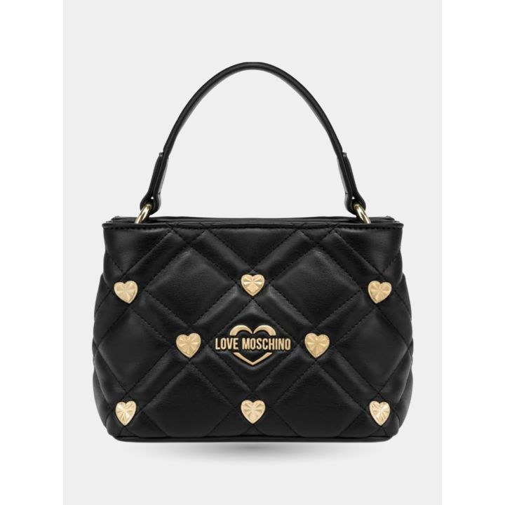 Borsa a mano Love Moschino nera vista frontale con borchie a cuore dorate