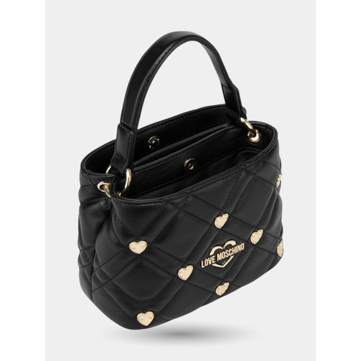 Borsa Love Moschino nera trapuntata aperta, vista di tre quarti