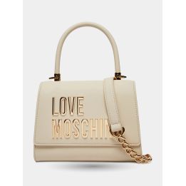 Borsa a mano Love Moschino avorio vista frontale con maxi logo oro e catena