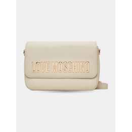 Borsa a tracolla Love Moschino avorio vista frontale con patta e logo oro