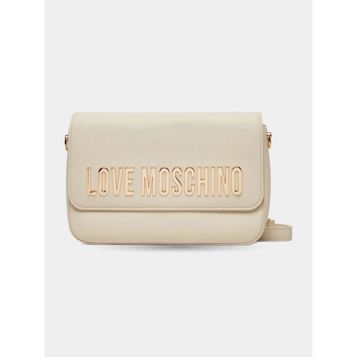 Borsa a tracolla Love Moschino avorio vista frontale con patta e logo oro