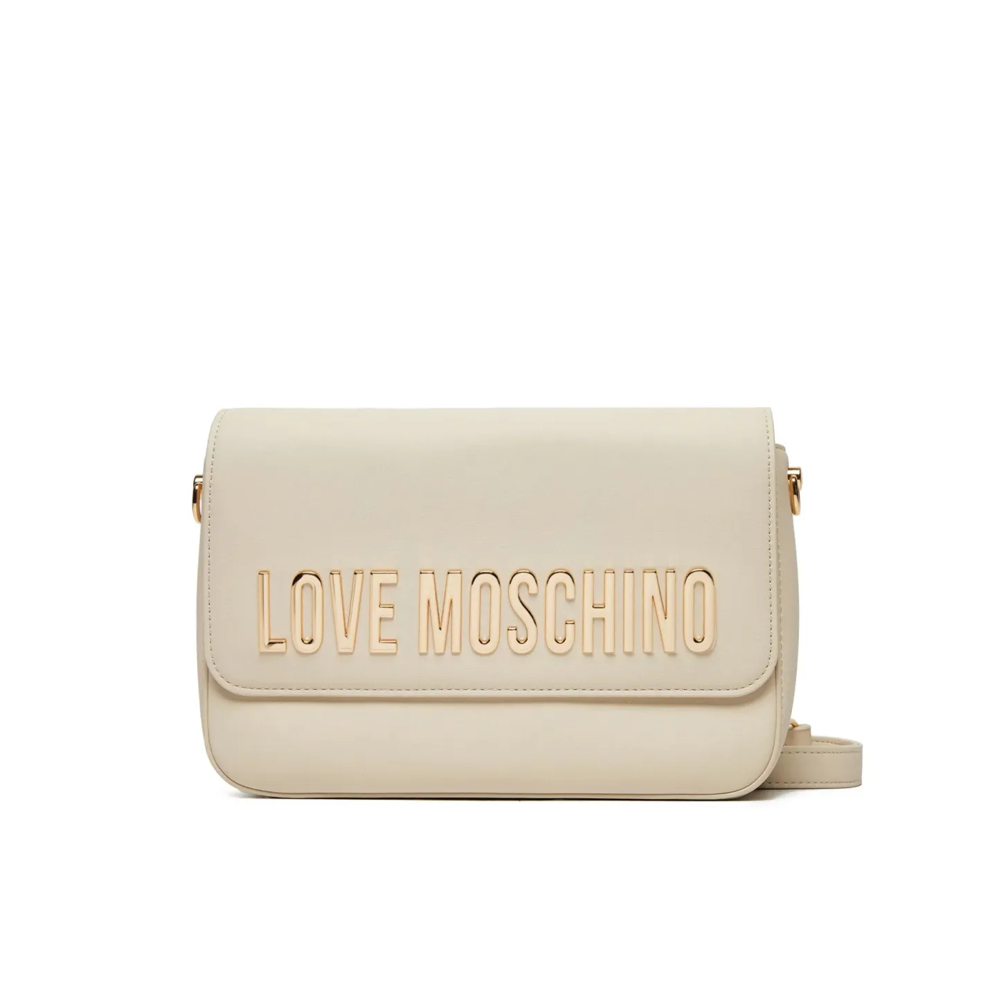 Borsa a spalla Love Moschino crema con patta e logo lettering in metallo dorato