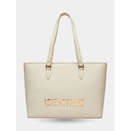 Borsa shopper Love Moschino avorio vista frontale con logo dorato