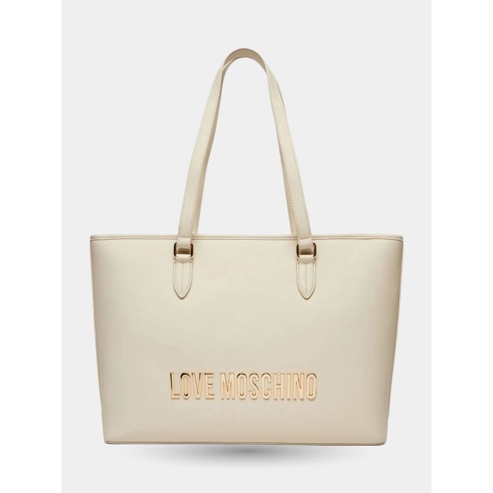 Borsa shopper Love Moschino avorio vista frontale con logo dorato