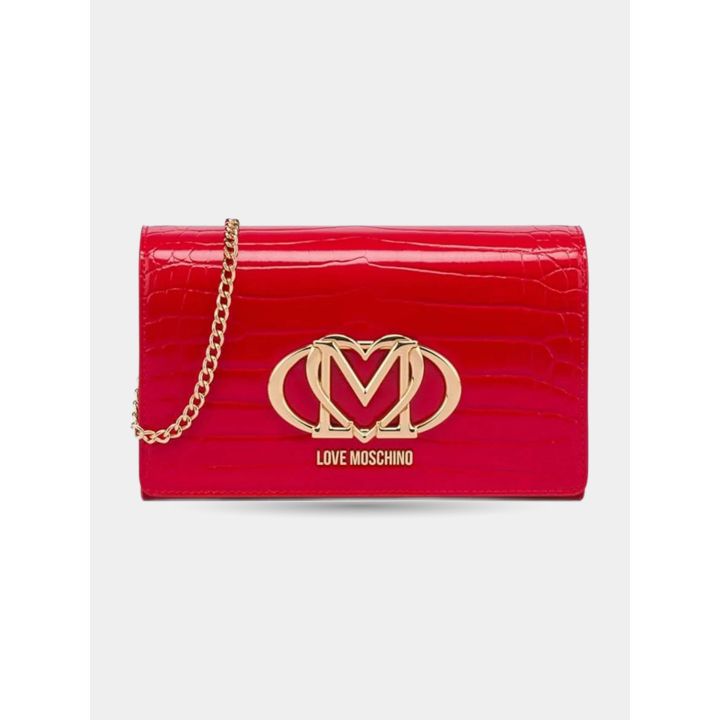 Clutch Love Moschino rossa stampa cocco vista frontale con logo M a cuore