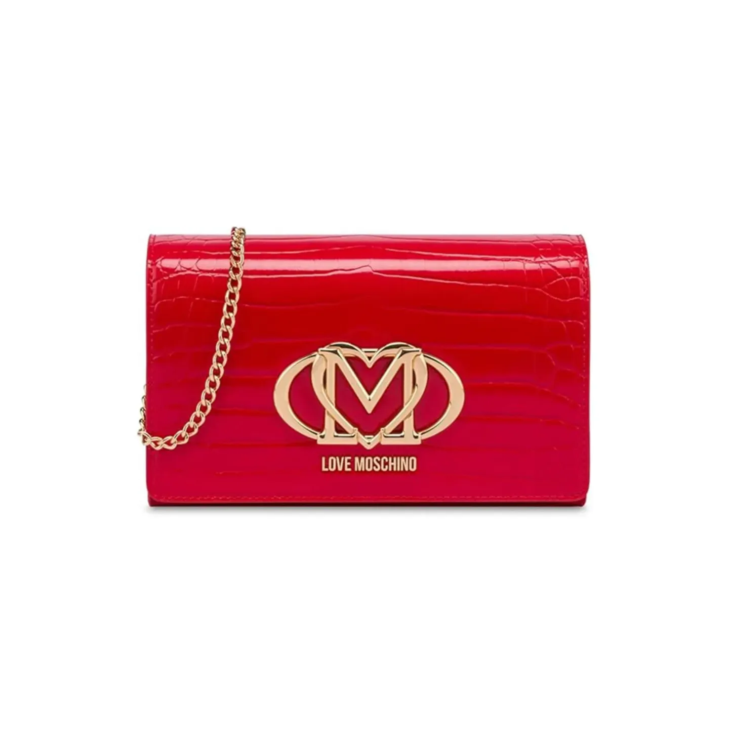 Pochette Love Moschino rossa in vernice stampa cocco con logo M a cuore dorato