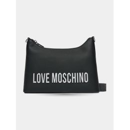 Borsa a tracolla Love Moschino nera vista frontale con maxi logo argento