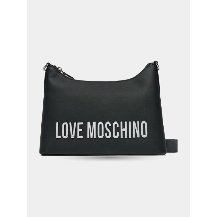 Borsa a tracolla Love Moschino nera vista frontale con maxi logo argento