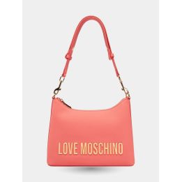 Borsa a spalla Love Moschino rosa corallo vista frontale con maxi logo oro