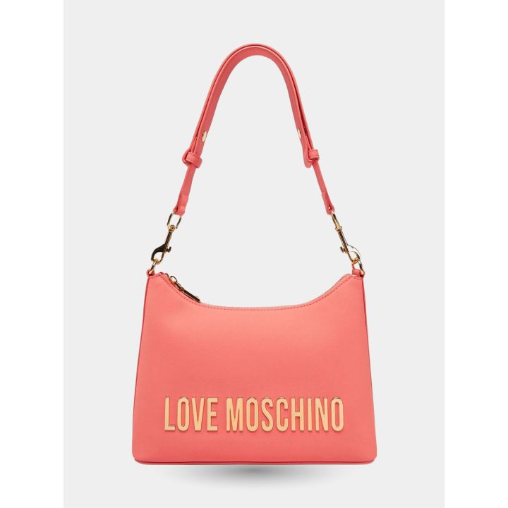 Borsa a spalla Love Moschino rosa corallo vista frontale con maxi logo oro