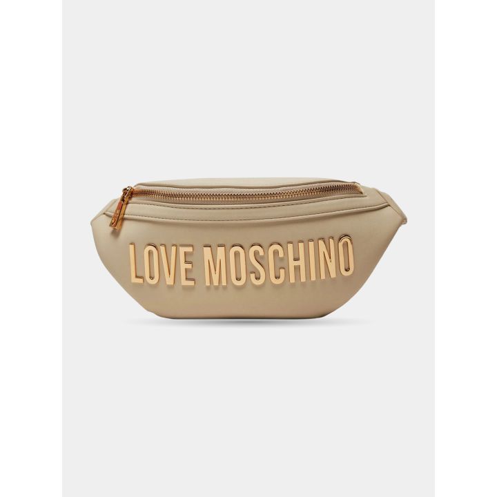 Marsupio Love Moschino beige vista frontale con maxi logo oro