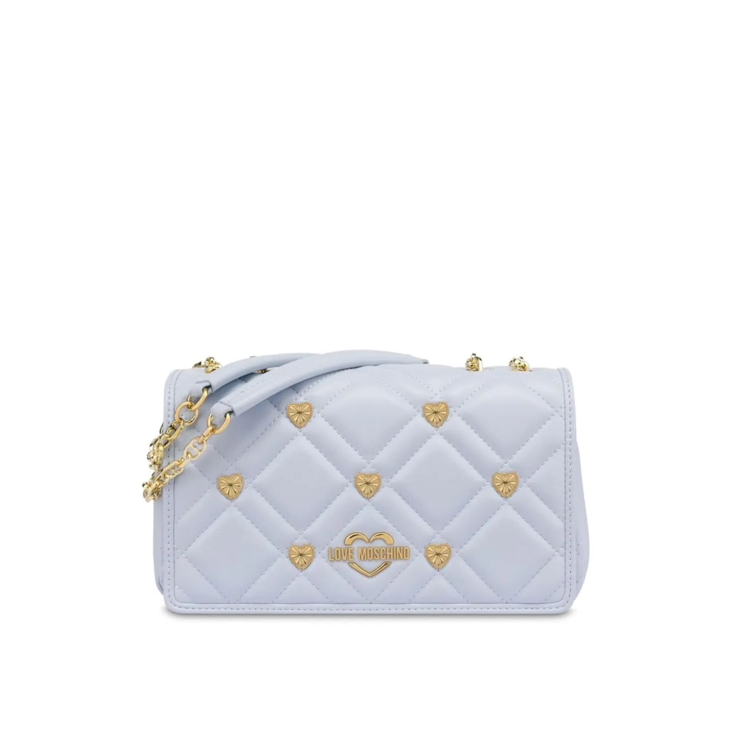 Borsa Love Moschino trapuntata azzurro chiaro con borchie a cuore dorate e catena