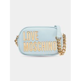 Borsa a tracolla Love Moschino azzurra vista frontale con maxi logo oro