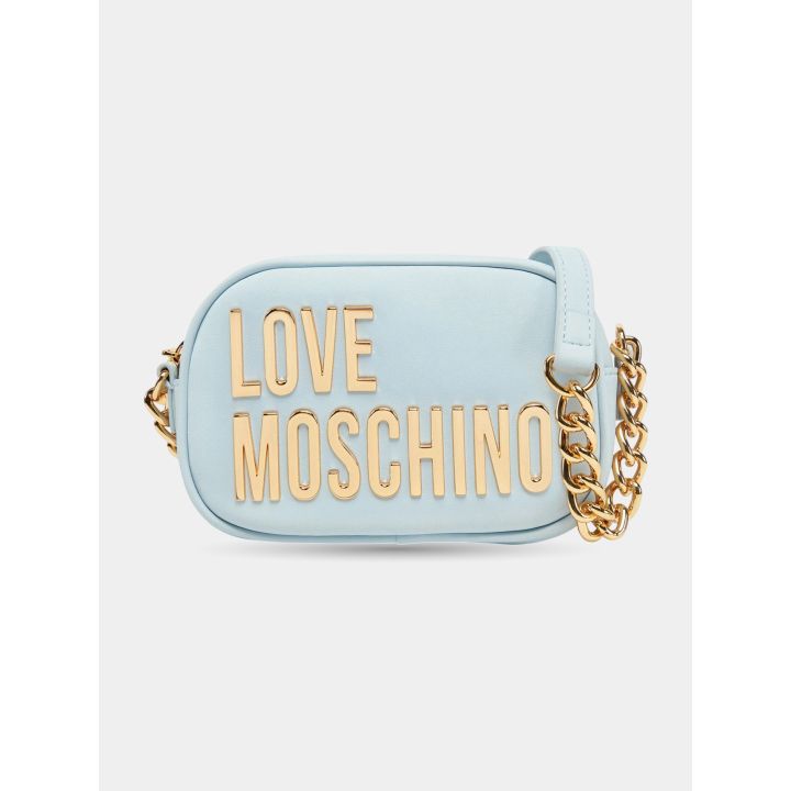 Borsa a tracolla Love Moschino azzurra vista frontale con maxi logo oro