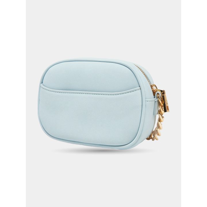 Retro della camera bag azzurra con tasca esterna