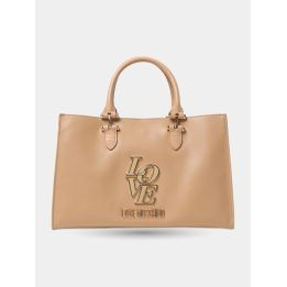 Borsa a mano Love Moschino beige vista frontale con maxi logo LOVE