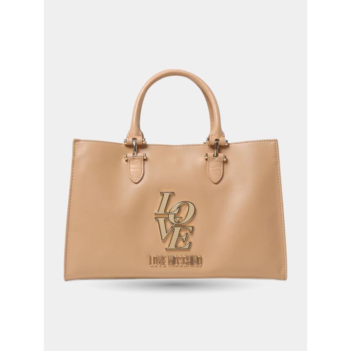 Borsa a mano Love Moschino beige vista frontale con maxi logo LOVE