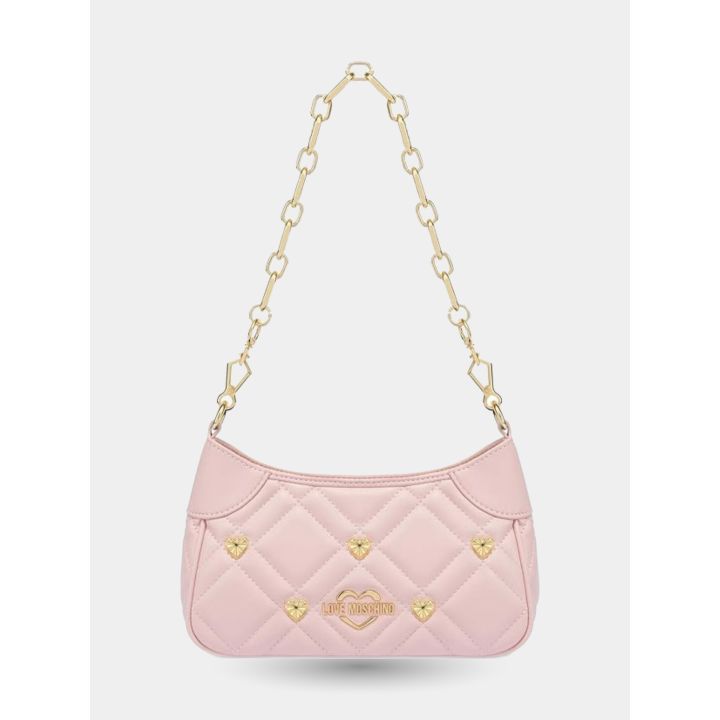 Borsa sottobraccio Love Moschino rosa vista frontale con borchie a cuore