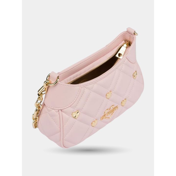 Borsa Love Moschino rosa aperta con la zip, vista di tre quarti