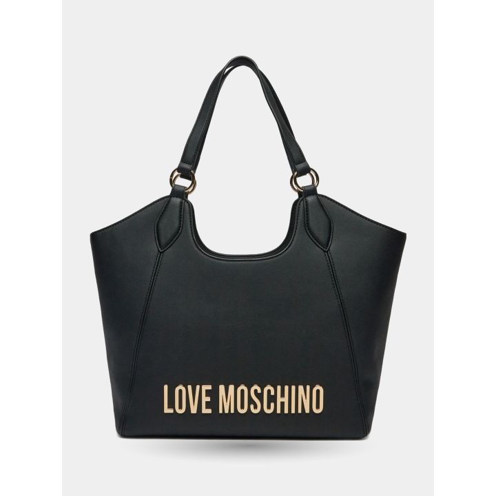 Borsa shopper Love Moschino nera vista frontale con logo oro